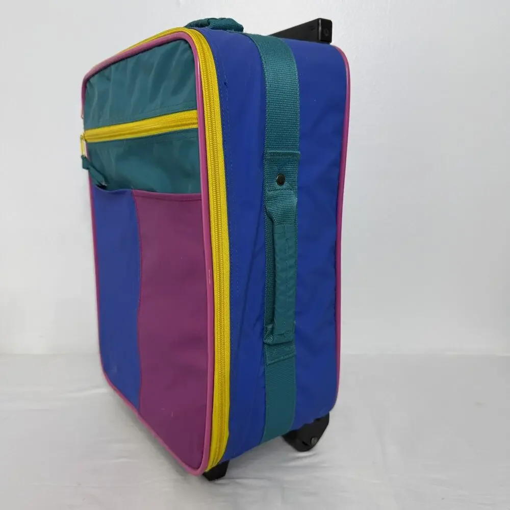 Vintage Color Block 90s Rolling Suitcase Luggage Case Upright Travel Bag Wheels
